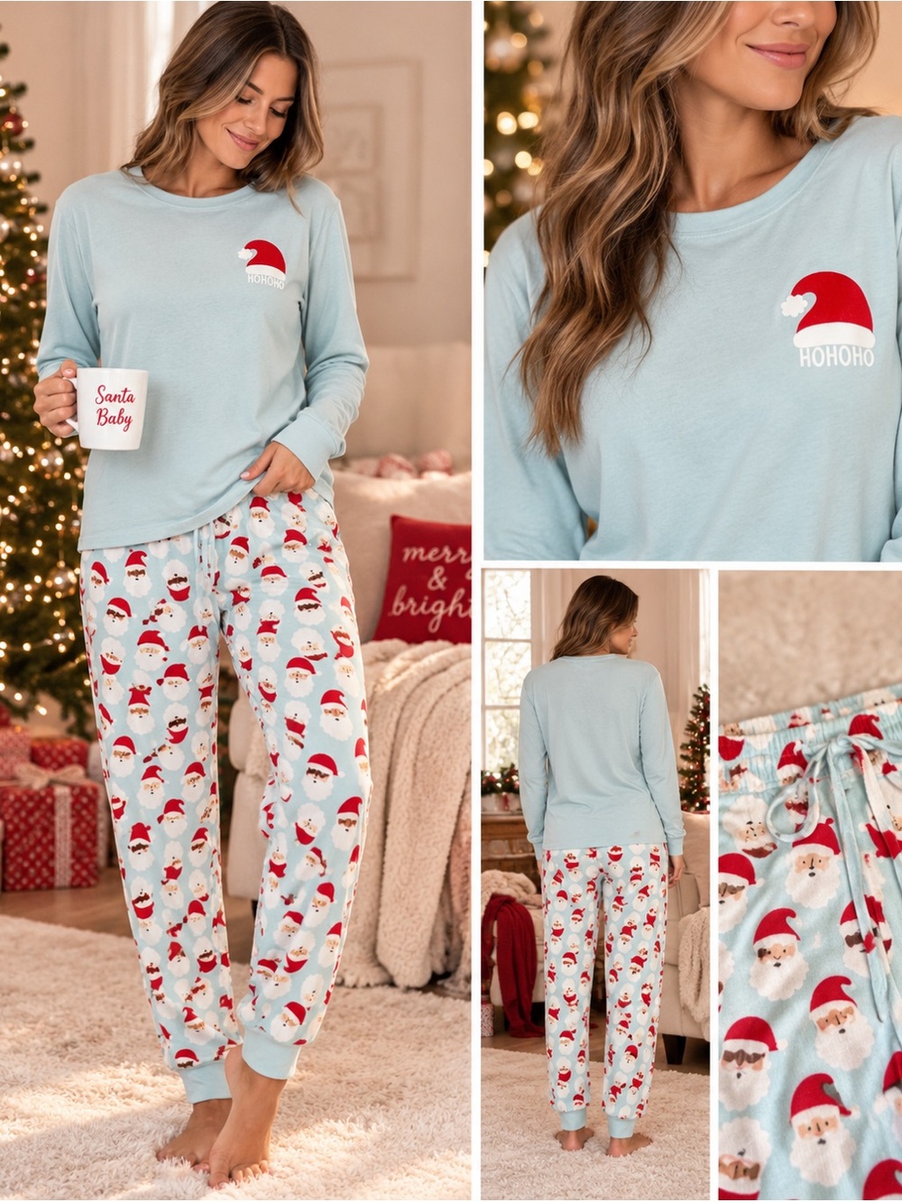 Light Blue women's Diverse Santa Christmas Pajama Set -  Holiday Lane Small